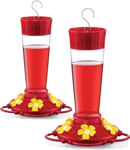 Hummingbird Feeder 10 oz [Set of 2] Plastic Hummingbird Feeders for Outdoors, with Built-in Ant Guard - Circular Perch with 5 Feeding Ports - Wide Mouth for Easy Filling/2 Part Base for Easy Cleaning