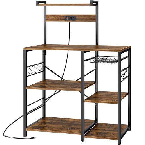 SUPERJARE Bakers Rack with Power Outlet, Microwave Stand, Coffee Bar with Wire Basket, Kitchen Storage Rack with 6 S-Hooks, Kitchen Shelves for Spices, Pots and Pans - Rustic Brown