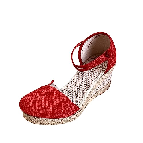 Women's Closed Toe Crisscross Elastic Ankle Strap Platform Wedge Sandals Slip on Elastic Ankle Strap Wedges Sandals Boho Style with Foam Insole 02-Red, 6