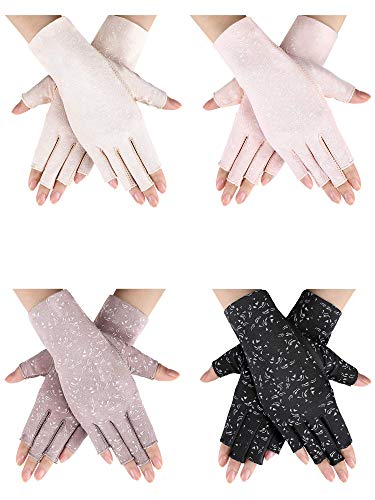 SATINIOR 4 Pairs Driving Sunscreen Fingerless Gloves Women UV Protection Half Finger Non Skid Gloves for Summer Outdoor Activities Favors, Medium (Flower)