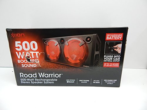 ION Audio Road Warrior | 500-Watt Portable Bluetooth Stereo Speaker System with Twin Lighted Speakers, On-Board FM Radio, Rechargeable Battery and AC / DC Power Inputs