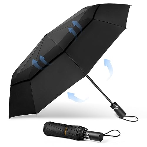 TECKNET Windproof Umbrella for Rain, Large Travel Folding Umbrella, Strong Compact Umbrella for Wind, Automatic Portable Umbrellas, Double Vented Canopy Golf Umbrella with 10 Ribs for Men Women