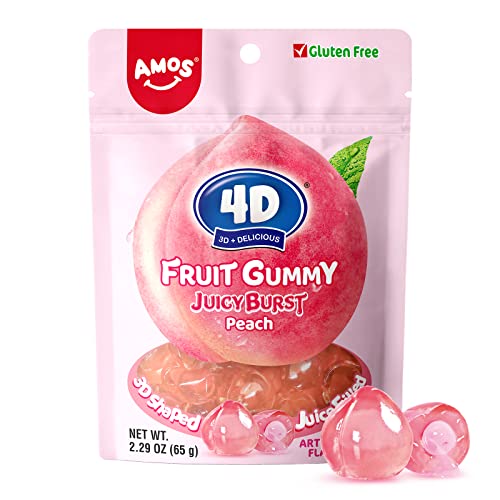 AMOS Gummy Candy 4D Fruit Gummies, Fruit Snacks Juicy Burst, with Peach Juice Filled, Mothers Day Candy Gifts, Resealable 2.29oz Bag（Pack of 6）