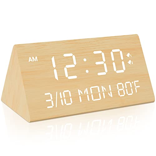 Kogonee Wooden Digital Alarm Clock, 0-100% Dimmer, 2 Alarm Settings, Weekday/Everyday Mode, 9 Mins Snooze, 12/24H, Temperature and Date Display for Office, Travel, Bedroom Alarm Clock (Bamboo)