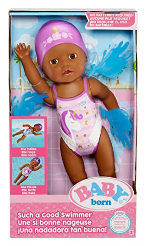 Baby Born Such A Good Swimmer Doll 3 Years & Up - Easy for Small Hands- Includes Cute Unicorn Bathing Suit & Cap (Brown Eyes) Multicolor