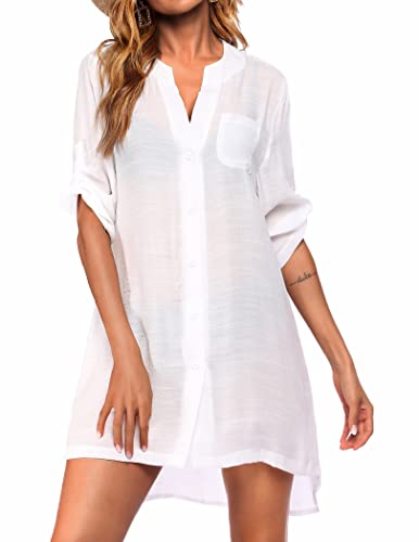 Ekouaer Women's Swimsuit Cover Ups Casual Beach Shirt Dress Beachwear,XX-Large White
