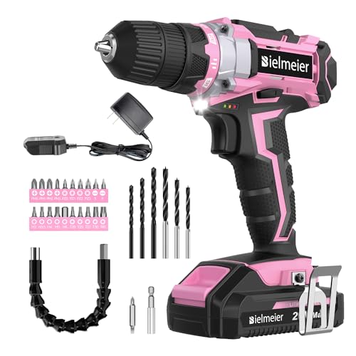 Bielmeier 20V Pink Cordless Drill Set with Lithium-Ion,Charger,3/8 inches Keyless Chuck.Drill Pink with Variable Speed,LED Work Light,29pcs Drill Bits and flex shaft for Home DIY and Repair