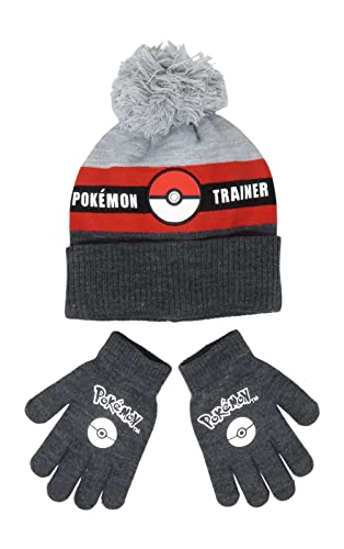 Pokemon Trainer Pokeball Kids Beanie Hat Cap and Gloves Set New