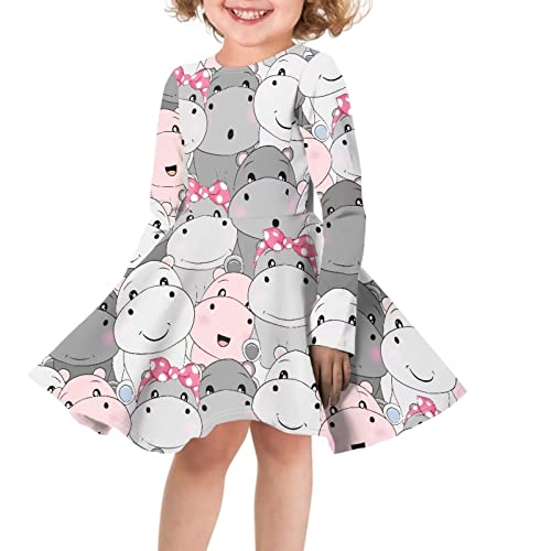 TOADDITDO Midi Dress for Toddler Girls Knee Length Size 5-6 Years Twirl Swing Dress Cartoon Hippo Print Dresses A-Line Skirt for Party Games