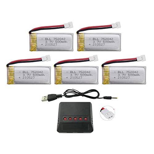 PUOO Accessory 5PCS 3.7V 500mAh 25C Battery with 5-in-1 Charger for JJRC H31 H37 H6D Hubsan X4 H107C H107D H107L H107P H108 UDI U816A SYMA X5C X5SW HS170 HS170C Drone