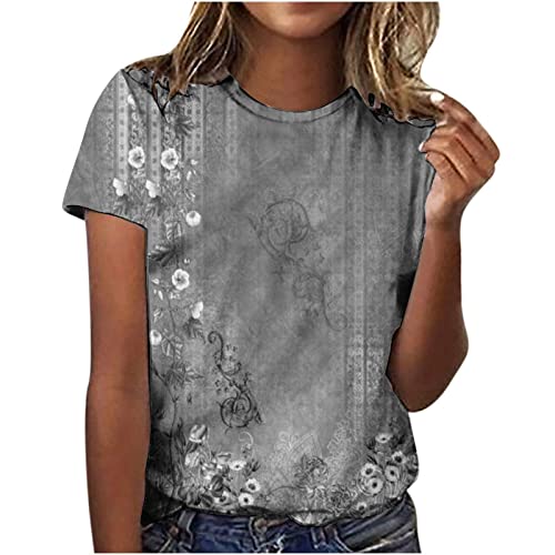 Tshirts Shirts for Women Summer Tops 2023 Fashion Floral Short Sleeve Shirts Graphic Tees Casual Plus Size Blouses Ladies Dressy Tops Cute Clothes Going Out Top Crewneck Sweatshirt(D-Gray,Medium)