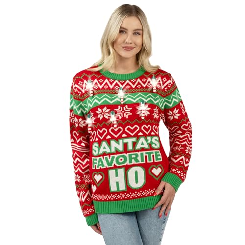 Giggling Getup Christmas Ugly Sweater with Candy Cane Light Bulbs, Light Up Funny Santa Pullover Long Sleeve Xmas Knitted Sweater for Women, Men Red