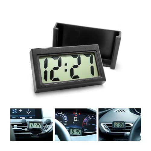 Osilly Mini Digital Clock for Car Dashboard, Battery Operated & Clear LCD Screen Time Display, Small Digital Clock with Self-Adhesive Bracket, Stick On Watch for SUV, Truck, Motorcycles (Black)