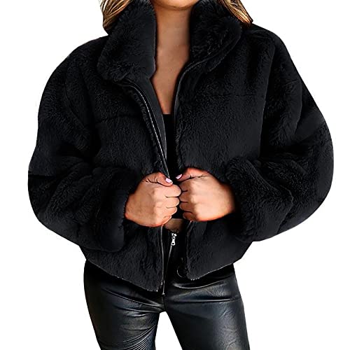 Janepam Women Coat Jacket Faux Fur Plus Size Zipper Furry Solid Color Fluffy Puffy Shearling Shaggy Stand Collar Loose Outerwear(A Black,4XL)