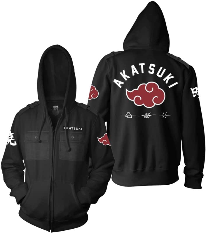 Ripple Junction Naruto Shippuden Men's Full Zip Up Hooded Sweatshirt Akatsuki Red Cloud Anime Zippered Fleece Hoodie Black SM