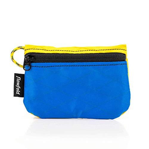 Flowfold Recycled Fabric Mini Zipper Pouch Water Repellent Small Pouch Wallet & Card Pouch for Keys, ID, Coins & AirPods Case Made in USA (Blue/Yellow, Recycled Material)
