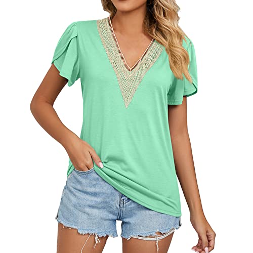 P-X22 Lime Green Petal Flutter Short Sleeve Tshirt Ladies Lace V Neck Sun Loose Fit Long Casual Flowy Plain Tops Shirt Teen Girl ST S
