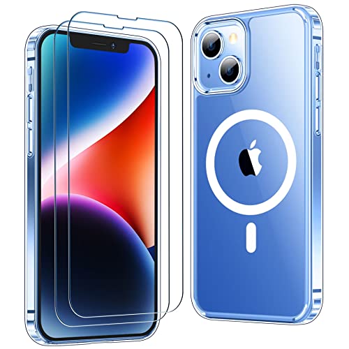 MOZOTER Magnetic for iPhone 14 Case & iPhone 13 Case,[Compatible with Magsafe][Anti Yellowing][Glass Screen Protectors] Slim Thin Shockproof Phone Case for iPhone 14/13-6.1 inch,Clear