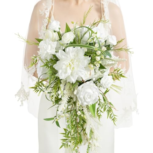 Ling's Moment White Cascading Bridal Bouquet, 11 Inch Wedding Bouquets for Bride, Silk Bridal Bouquets for Wedding, Ceremony, Anniversary, etc.