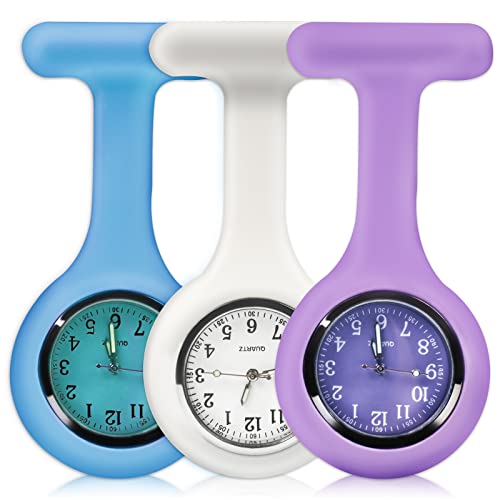 Set of 3 Nurse Watch Brooch, Silicone with Pin/Clip, Glow in Dark, Health Care Nurse Doctor Paramedic Medical Brooch Fob Watch (Light Blue, White, Purple)