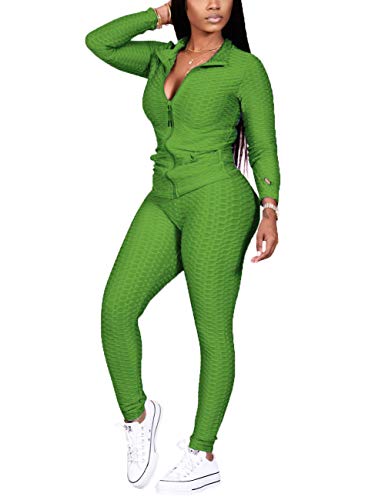 KANSOON Womens Two Piece Outfits, Long Sleeve Full-Zip Sweatshirt and Skinny Pants Track Suit Set Green M