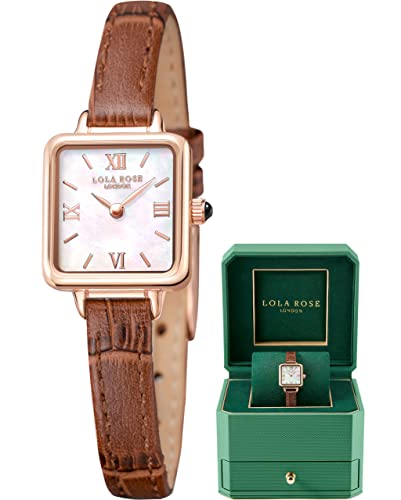 Lola Rose Women's Dainty Watch, Genuine Brown Leather Strap Wrist Watch. Mother of Pearl Dial Ladies Watch. Women Watch Gift.
