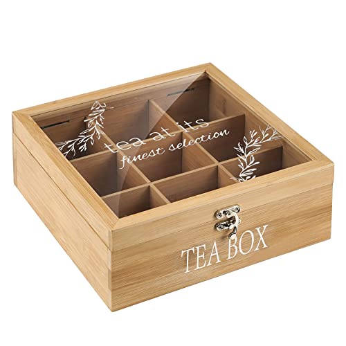 handrong Tea Box Tea Bag Organizer Bamboo Tea Bag Holder Modern Tea Caddy Chest with 9 Compartments and Clear Cover for Home Use Holiday Gift