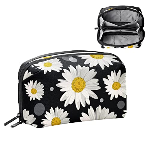 Cosmetic Bags, White Daisy Flowers Pattern Black Travel Cosmetic Bags, Multifunctional Portable Makeup Bags, Travel Cosmetic Bag Organizer for Women