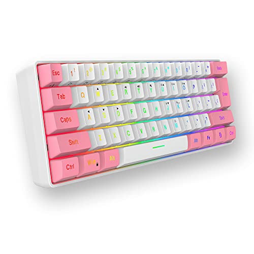 Snpurdiri 60% Wired Gaming Keyboard, True RGB Backlit Ultra-Compact Mini 61 Keys Keyboard for PC/Mac Gamer, Typist, Travel, Easy to Carry on Business Trip(Pink-White)