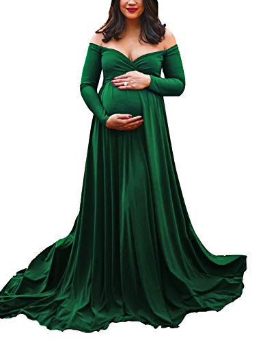 Saslax Maternity Off Shoulders Long Sleeve Half Circle Gown for Baby Shower Photo Props Dress Green 131 X-Large