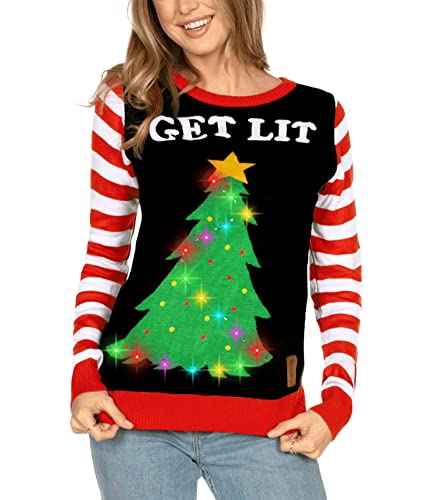 Tipsy Elves Women's Light Up Christmas Sweater - Black Lit Funny Ugly Christmas Sweater Female: Medium