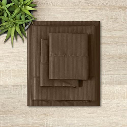British-Linen Full Size 4 Piece 100% Egyptian Cotton Sheet Set - Soft Bedding 30' Deep Pocket Snug Fit & 500TC - Sateen Rich Quality Sheets & Pillowcases Beddings - Chocolate Stripe.