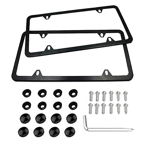 Indeed BUY License Plate Frames Black, Newest 2 Pcs 4 Holes Car Licenses Plate Covers Stainless Steel Holders Frame for Plates with Screw Caps.