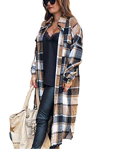 Omoone Women's Lounge Lapel Button Up Long Sleeve Plaid Long Shirt Jacket Shacket(1766-Brown-L)