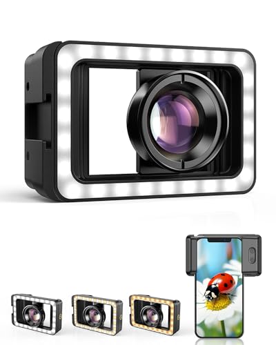 APEXEL Macro Photography Lens with LED Fill Light, 10X Macro Lens + 17mm Thread Lens Adapter for iPhone 15/15Pro/15Pro Max, Samsung, Android Phone (Fits for Almost All Phone), Lens Attachment.