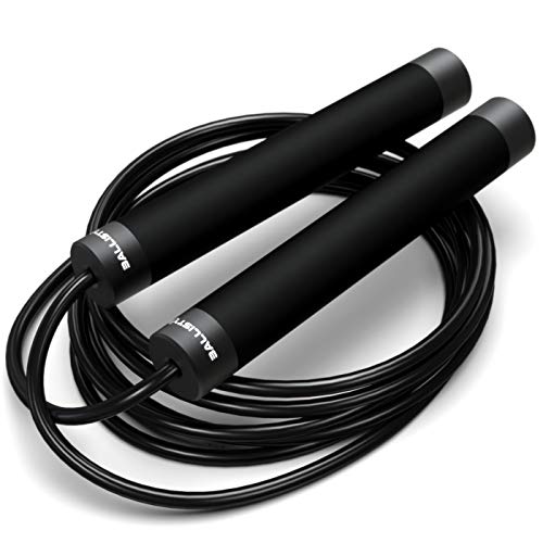 Ballistyx Jump Rope - Premium Speed Jump Rope with 360 Degree Spin, Steel Handles, Silicone Grips and 2 x Adjustable Cables - for Crossfit, Gym & Home Fitness Workouts & More - BLACK