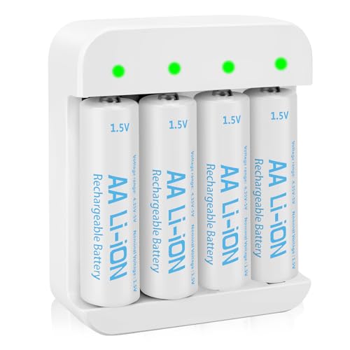 4 Pack 3600mWh Rechargeable 1.5V Lithium AA Batteries with Charger (4-Bay Independent Slot), Long Lasting Double A Size Battery for Blink Camera