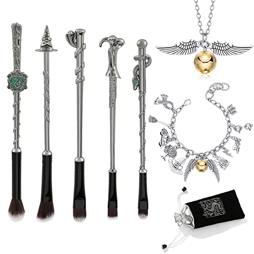 Charm Bracelets Magic Themed, Friendship Bracelets and A Charm Necklace Wand Makeup Brushes Set, Birthday Gifts For Teens Girls