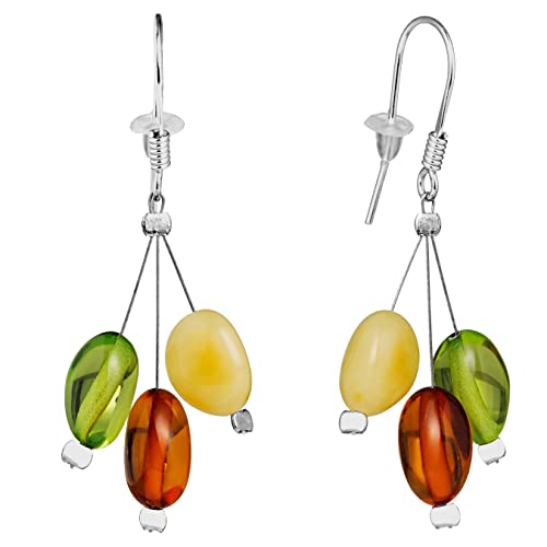 Amber by Mazukna - Amber Earrings for Women, Multicolor Baltic and Green Amber Jewelry, Silver Wire Hook Womens Earrings, Lightweight Beaded Earrings for Women, Certified Amber