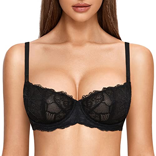 DOBREVA Women's Balconette Push Up Bra Sexy Lace Plus Size Unlined Sheer Underwire Black 32F