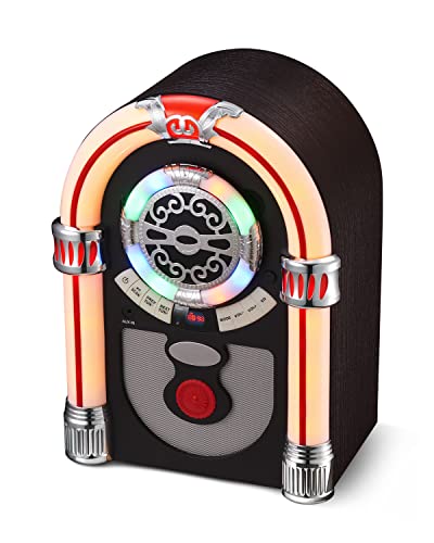 UEME Retro Tabletop Jukebox with Bluetooth, FM Radio, AUX-in Port and Color Changing LED Lights