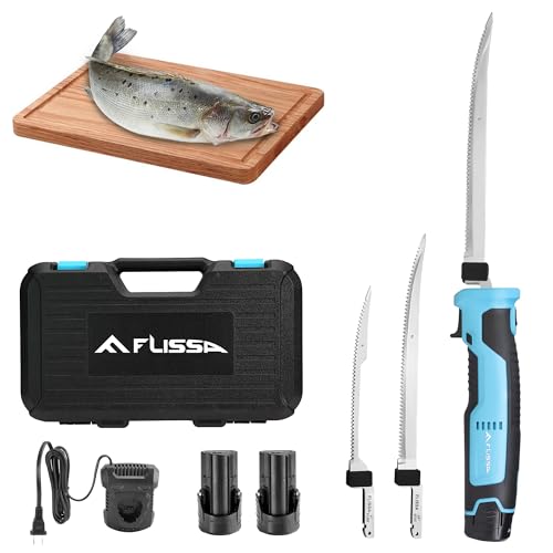FLISSA Cordless Electric Fillet Knife for Fish with 8' and 10' Stainless Steel Blades, Rechargeable Electric Knife with Non-Slip Handle, 2 Packs Long Lasting Lithium-ion Battery, Portable Carry Case