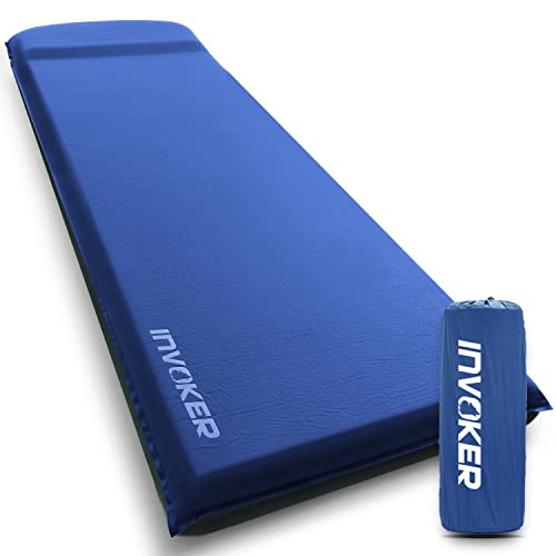 INVOKER Camping Sleeping pad – 2.76 inch UltraThick Elasticity Foam Fast Self-Inflating Insulated Durable Camping Mat with Pillow for Tent Backpacking Traveling and Hiking Air Mattress(Blue)