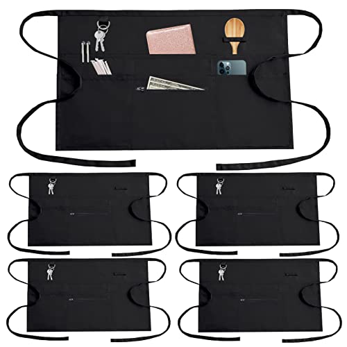 AEKTBY 6 Pockets Black Server Aprons with Zipper Pocket (5 Pack), Half Waist Apron for Unisex Waitress Waiter, Barber, Cleaner