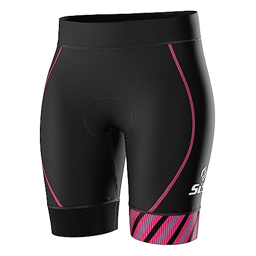SLS3 Tri Shorts for Women | Triathlon Shorts Womens | Super Comfy with Soft Chamois FX | Slim Athletic Fit (Black/Bright Rose, M)