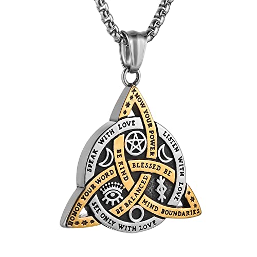 HZMAN Double Sided Stainless Steel Triple Goddess Triquetra Necklace Celtic Knot Irish Christian Trinity Knot Pendant