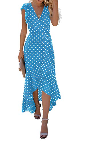 GRECERELLE Women's Summer Floral Print Cross V Neck Dress Bohemian Flowy Long Maxi Dresses PD-Light Blue-X-Large