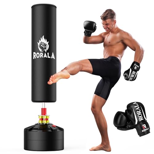 RORALA Punching Bag with Stand 70’’-203lbs, Freestanding Heavy Boxing Bag Including 12OZ Pro Gloves for Adult Youth, Men Stand Kickboxing Bags (Gray)