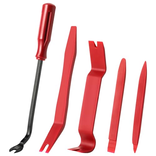 LivTee 5 pcs Auto Trim Removal Tool Kit, No Scratch Plastic Pry Tool Kit - Interior Door Panel Clip Fastener Removal Set for Vehicle Dash Radio Audio Installer (Red)