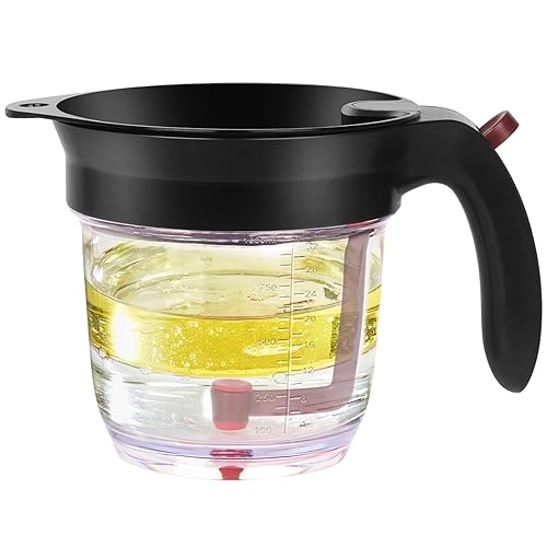 Fat Separator With Bottom Release 4 Cup 33.8 oz Kitchen Grease Separator Gravy Separator Fat Skimmer with Oil Strainer Measuring Cup for Cooking,stock separator soup separator